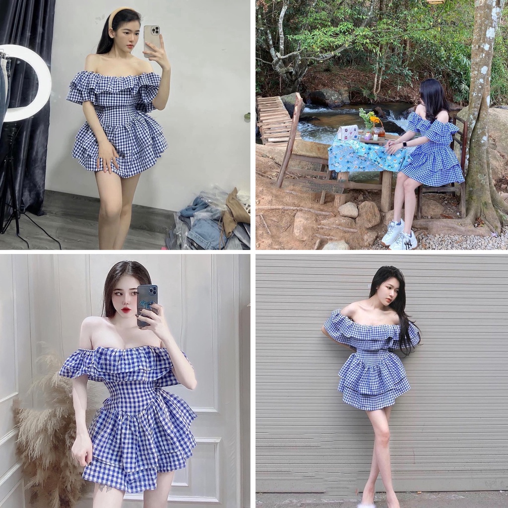 Jum kẻ xanh tôn eo bèo trễ vai xinh xắn váy xòe tầng nữ cánh tiên LD474