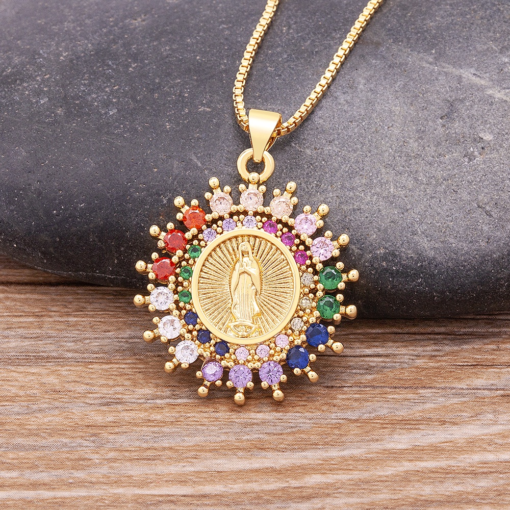 Vòng cổ Vàng Mặt Hình Cầu Vồng Đính Đá Zircon Virgin Mary
