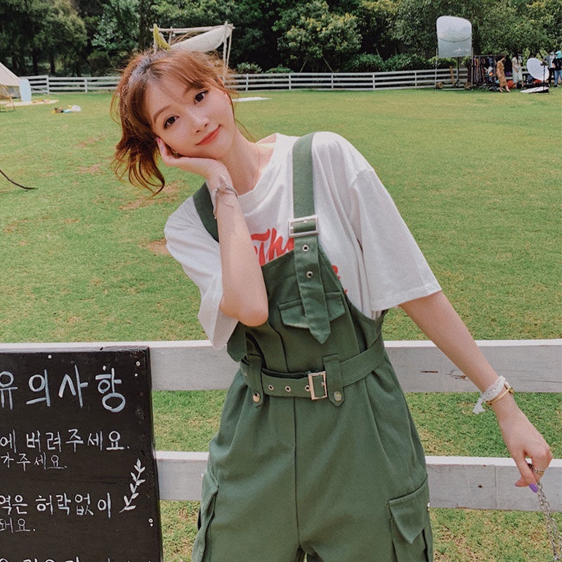 Áo Thun Ngắn Tay Kèm Quần Yếm Lưng Cao Thời Trang Hàn Quốc Cho Nữ