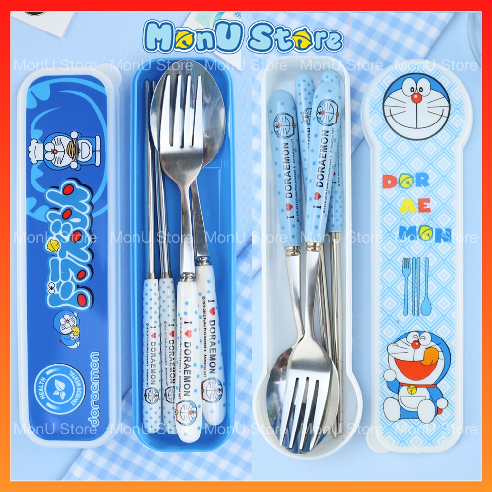 Bộ muỗng nĩa đũa cán sứ DORAEMON DOREMON dễ thương size người lớn