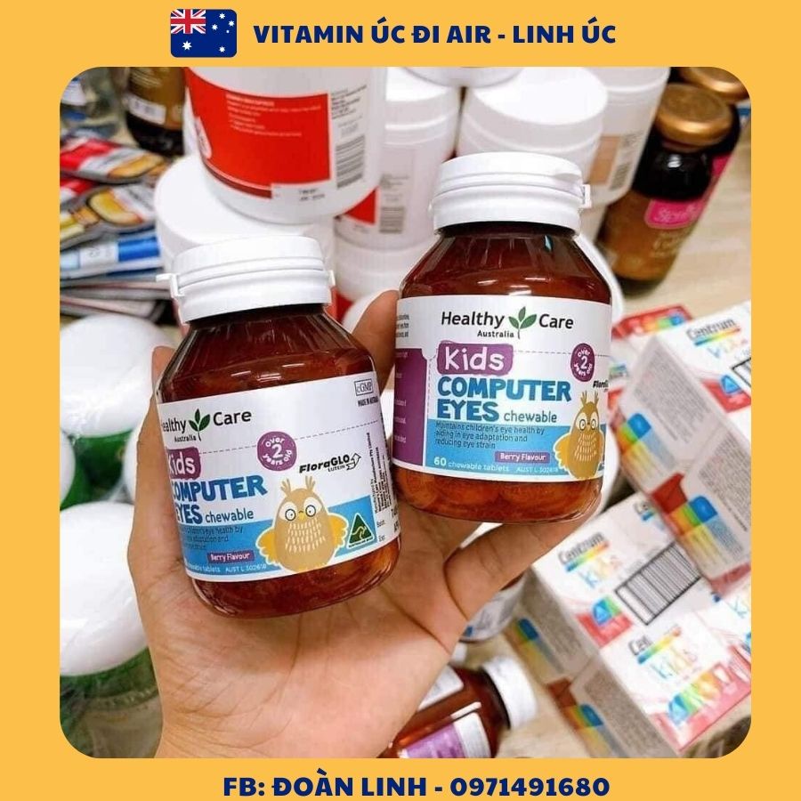 Bổ mắt Healthy Care Kids Computer Eyes cho Bé 60 viên, HÀNG CHUẨN ÚC, Viên Nhai Hỗ Trợ Mắt Cho Bé Healthy Care Kids