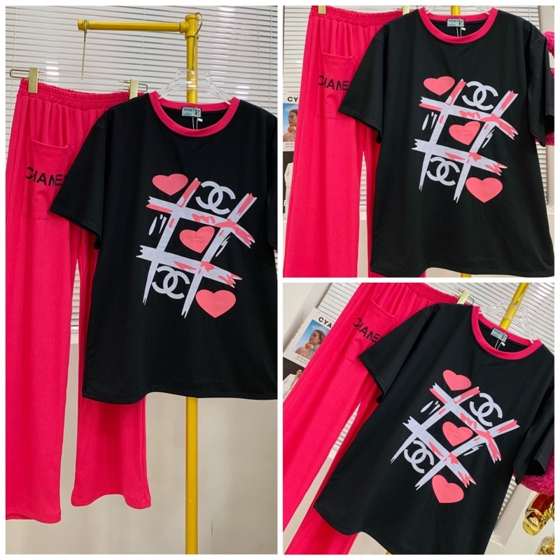 set quần suông phối túi áo thun cotton trái tim