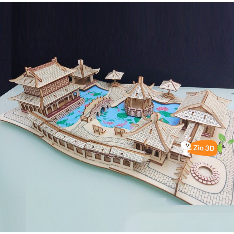 Đồ chơi lắp ráp gỗ 3D Mô hình Nhà vườn Tô Châu Laser (Tặng kèm đèn Led)