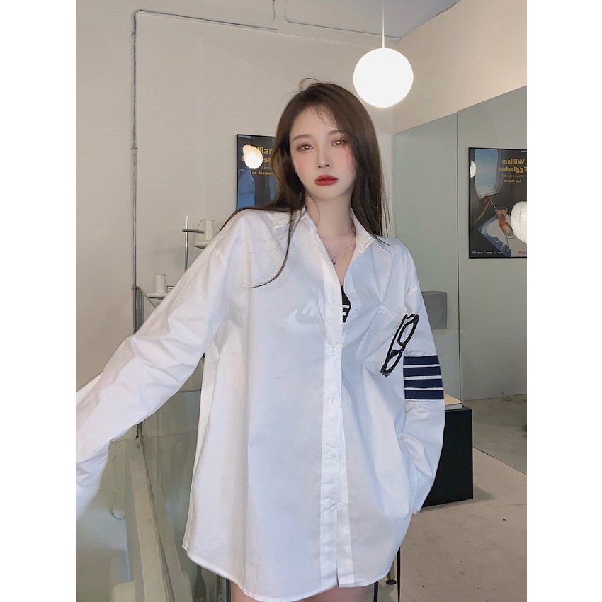 Áo Sơ Mi Trắng Nữ Dáng Trùm Mông 3 Sọc Style Cao Cấp, Áo Somi Nữ Dài Tay Dáng Rộng | BigBuy360 - bigbuy360.vn