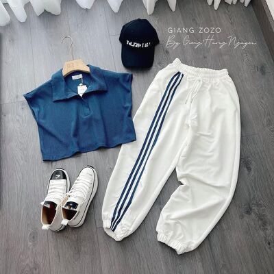 Sét bộ croptop cổ bẻ áo vát quần sọc trắng