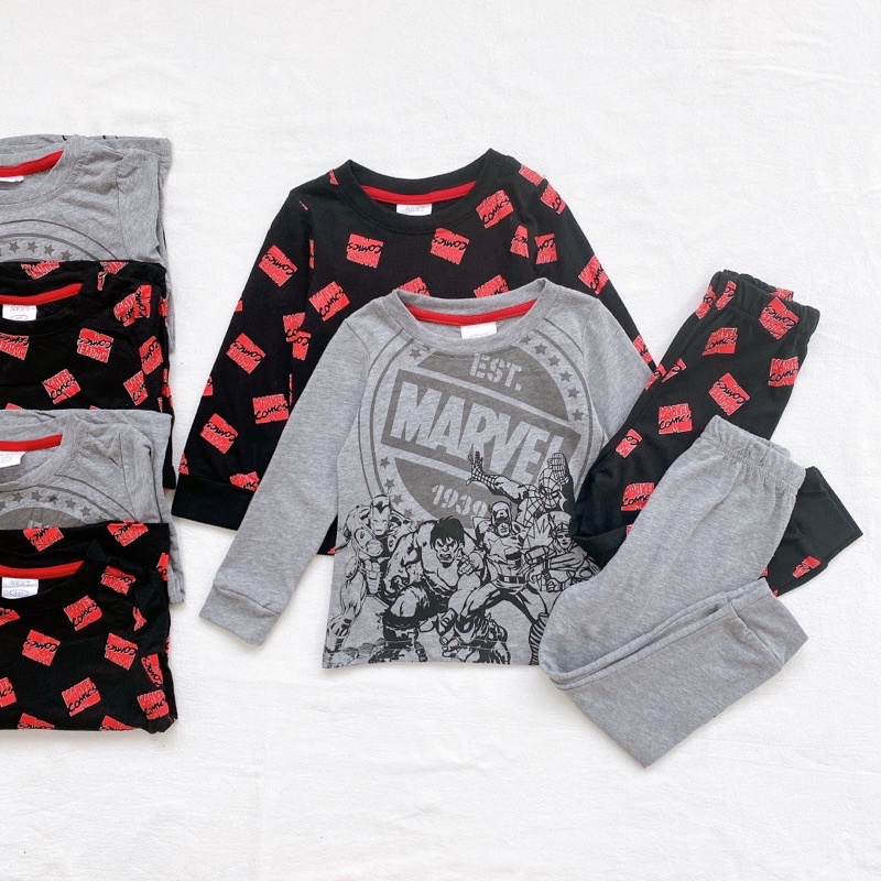 Set 2 bộ cotton dài tay cho bé trai hoạ tiết marvel đen ghi cho bé từ 10-24 cân
