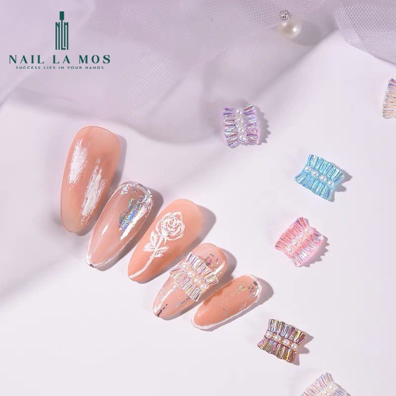 Set 20 charm nơ nhún - Charm nơ nhựa ánh cầu vồng đính hạt ngọc trai giả nhựa phong cách Hàn Nhật