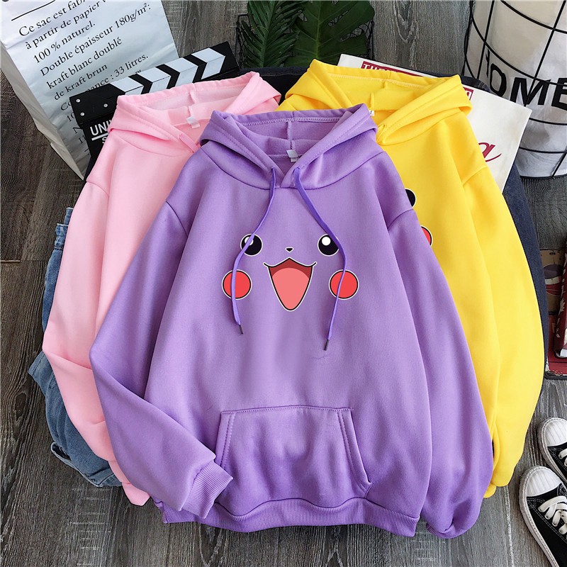 Áo Khoác Thể Thao Có Mũ Trùm Bằng Cotton Dày In Hình Pikachu Dễ Thương Cho Cặp Đôi