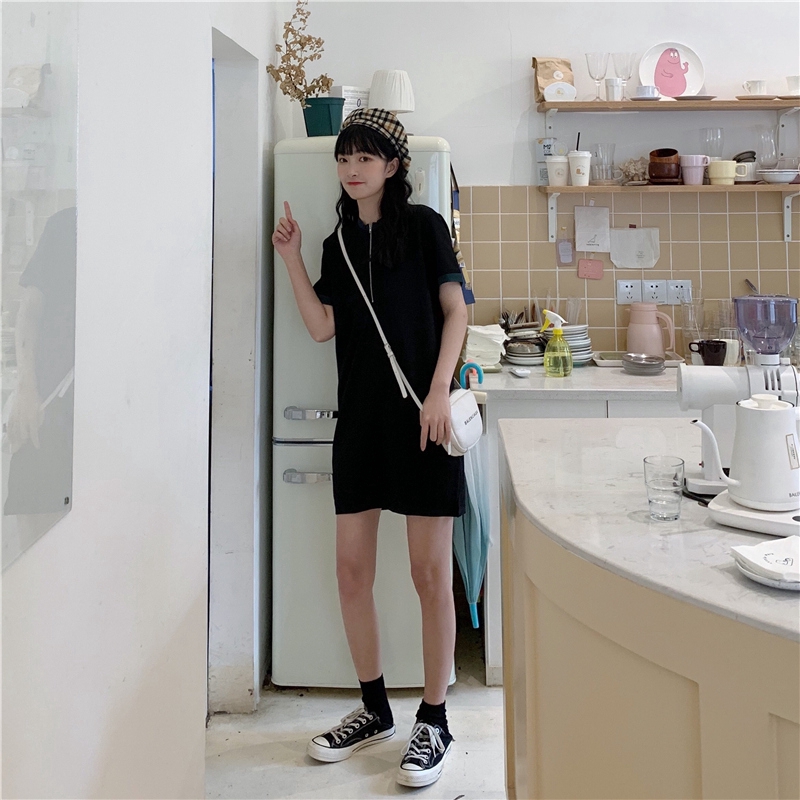 SUXI Đầm thun ngắn tay màu trơn phối khóa kéo phong cách trẻ trung năng động cho nữ