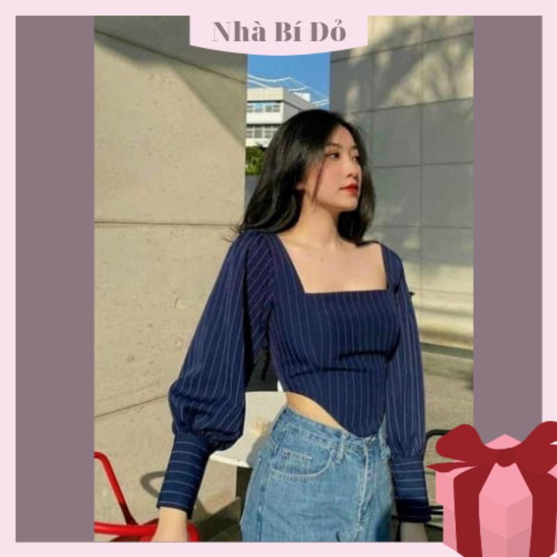 Áo croptop cổ vuông dài tay xanh Navy tôn eo đẹp mê li