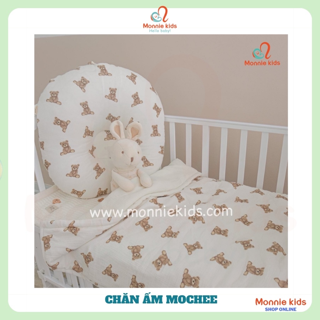 Chăn trần bông cho bé Mochee 120x90cm, chăn vải xô muslin họa tiết - Monnie Kids