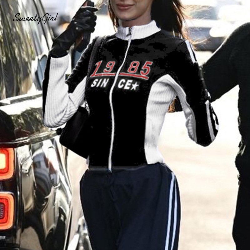 Áo Khoác Thể Thao Tay Dài Cổ Lọ In Chữ Phối Màu Tương Phản Có Khóa Kéo Thời Trang 2022 Cho Nữ