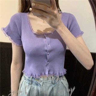 Áo croptop len tăm tay ngắn có ren cổ vuông, cổ V