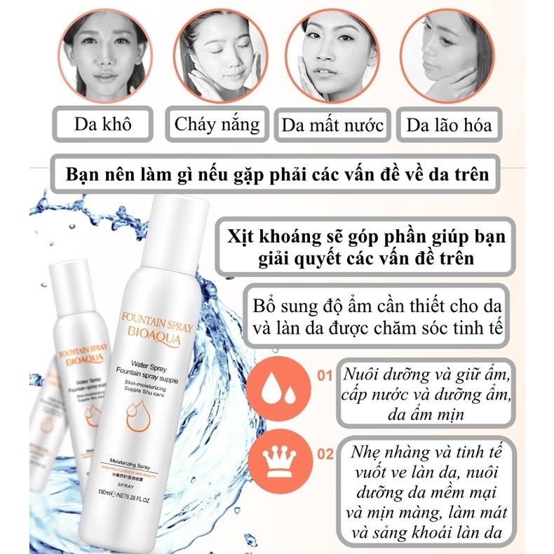 Xịt khoáng dưỡng ẩm BIOAQUA dịu nhẹ, kiểm soát dầu, sảng khoái giúp da mềm mịn trắng sáng tự nhiên SPU167