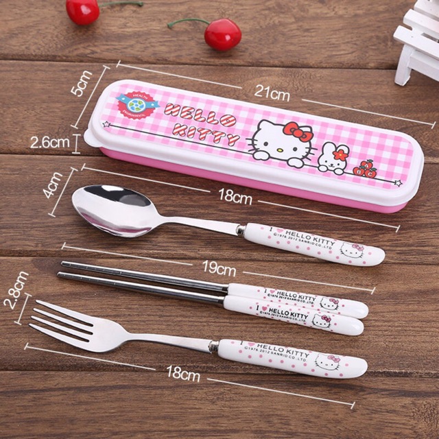 Bộ hộp đũa muỗng nĩa inox cán sứ Hello Kitty