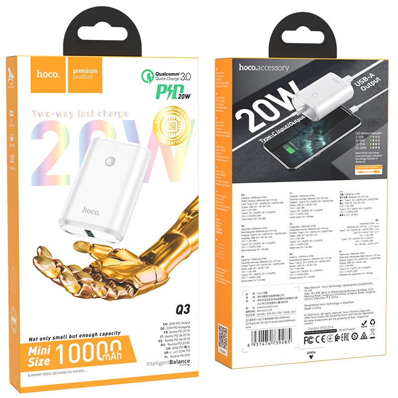 Pin dự phòng Hoco Q3 sạc nhanh PD20W/3A đèn LED báo pin tích hợp 2 cổng USB/Type-C dung lượng 10000mAh