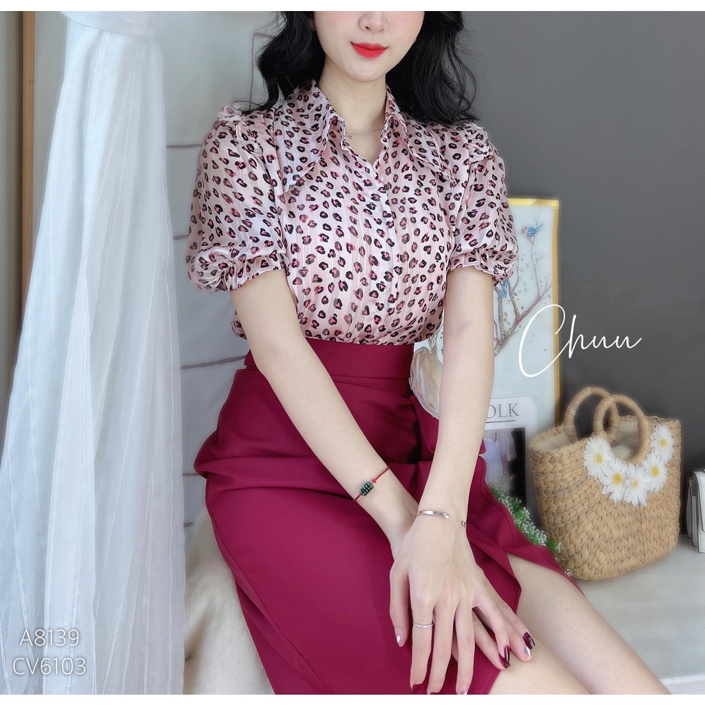 Áo sơ mi họa tiết nữ tay phồng bo chun CHUU A8139