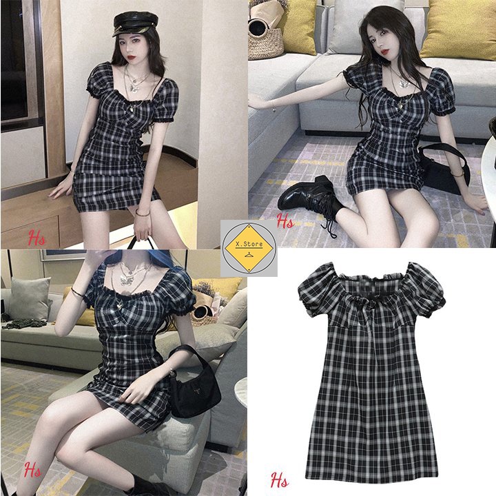 Váy Kẻ Caro Đen Viền Bèo Ngực Tay Hot Trend 2023 Unisex X.store Có Ảnh Thật + Video 354
