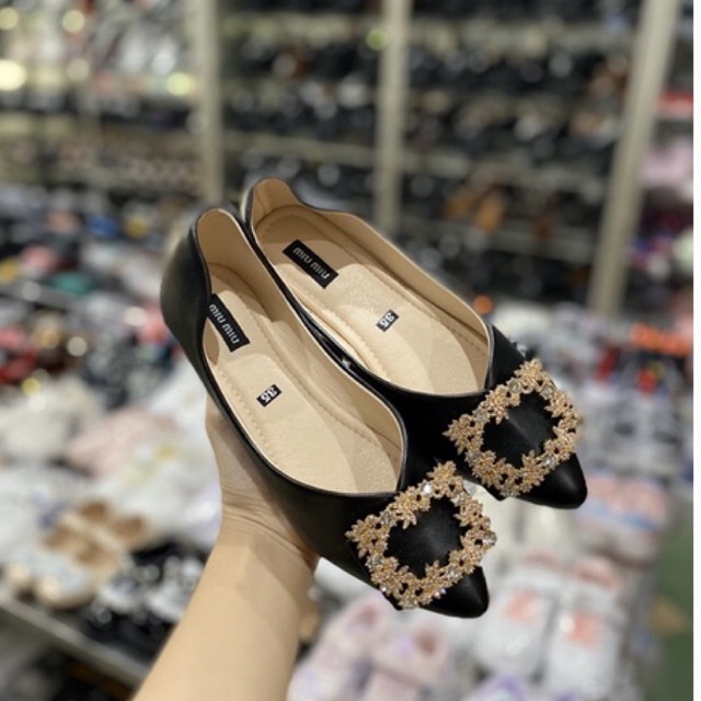 Giày búp bê bệt nữ mềm mũi nhọn gắn đá 2 màu