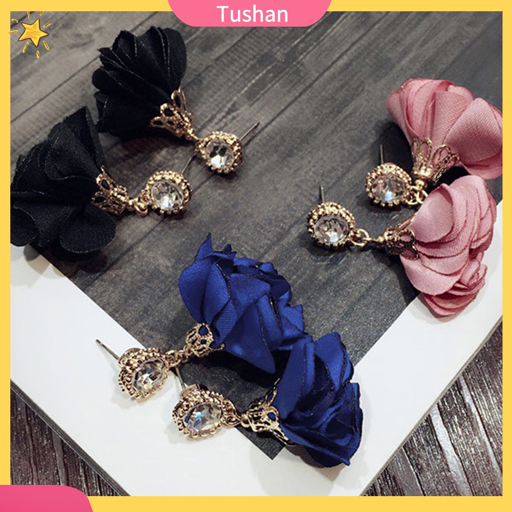 TUSH Fashion Women Rhinestone Inlay Flower Dangle Drop Ear Stud Earrings Jewelry Gift