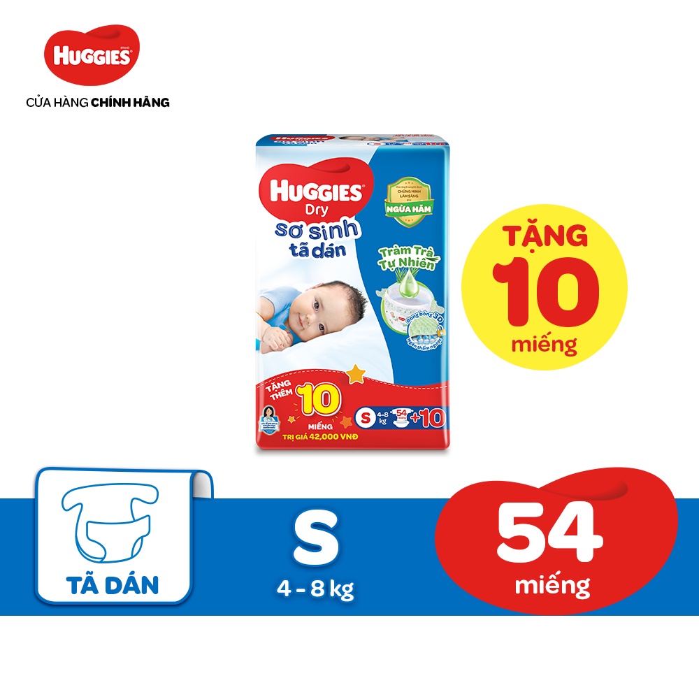 [HUGMAR33B-10% max 60k đơn 400k] Tã dán sơ sinh Huggies Dry S 54 miếng + tặng 6 miếng