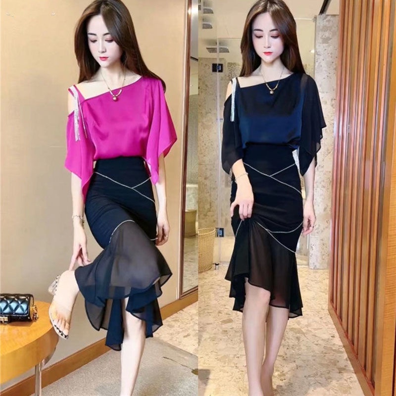 Set Áo Tay Ngắn Trễ Vai + Chân Váy Đuôi Cá Chất Liệu Satin Mỏng Cao Cấp Thời Trang Cho Nữ