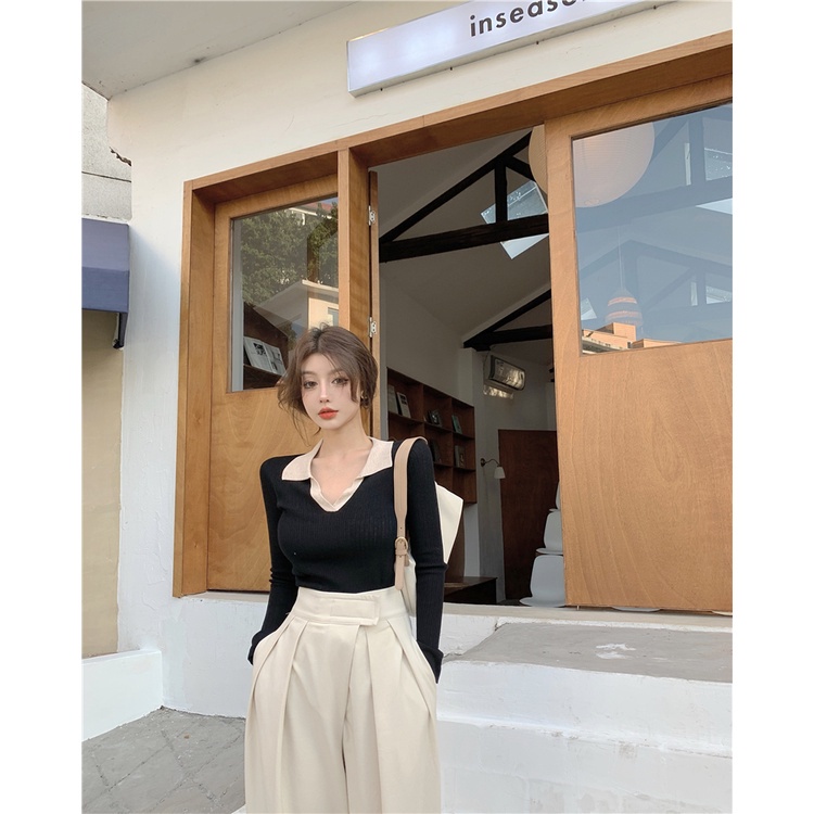 COZOK Áo len tay dài cổ chữ V dáng ôm