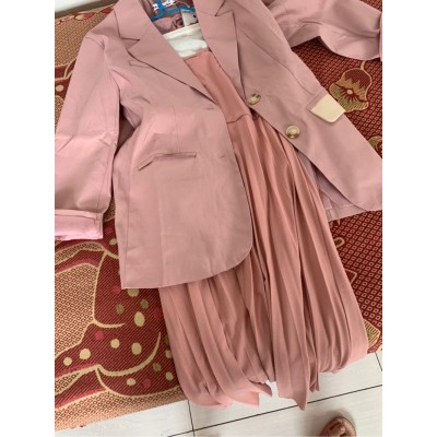 Ảnh thật 4 hình cuối-2W297.Set áo blazer kèm váy 2 dây xếp li mùa thu Hàn Quốc