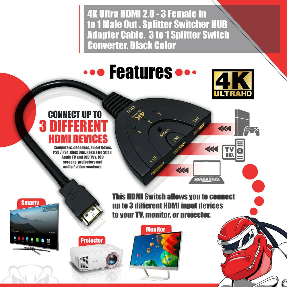 Bộ Chia 3 Cổng 4k Hdmi 2.0 3x1 Hub 3d 3 Đến 1 Hỗ Trợ Ps4 Hdr