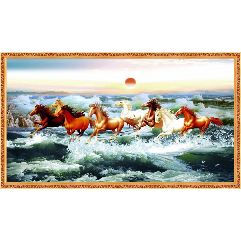 Tranh 3d "Bát mã" (kích thước theo yêu cầu)-in vải lụa kim sa đẹp
