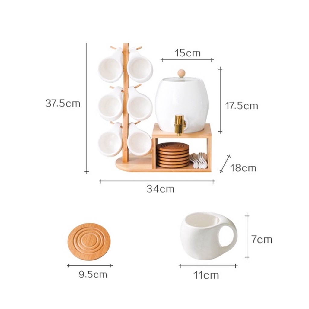 BỘ ẤM CHUM SỨ CAO CẤP + Tặng kèm kệ chống mối mọt, 6 muỗng sứ sang trọng,  bình dung tích lớn chịu được nhiệt cao