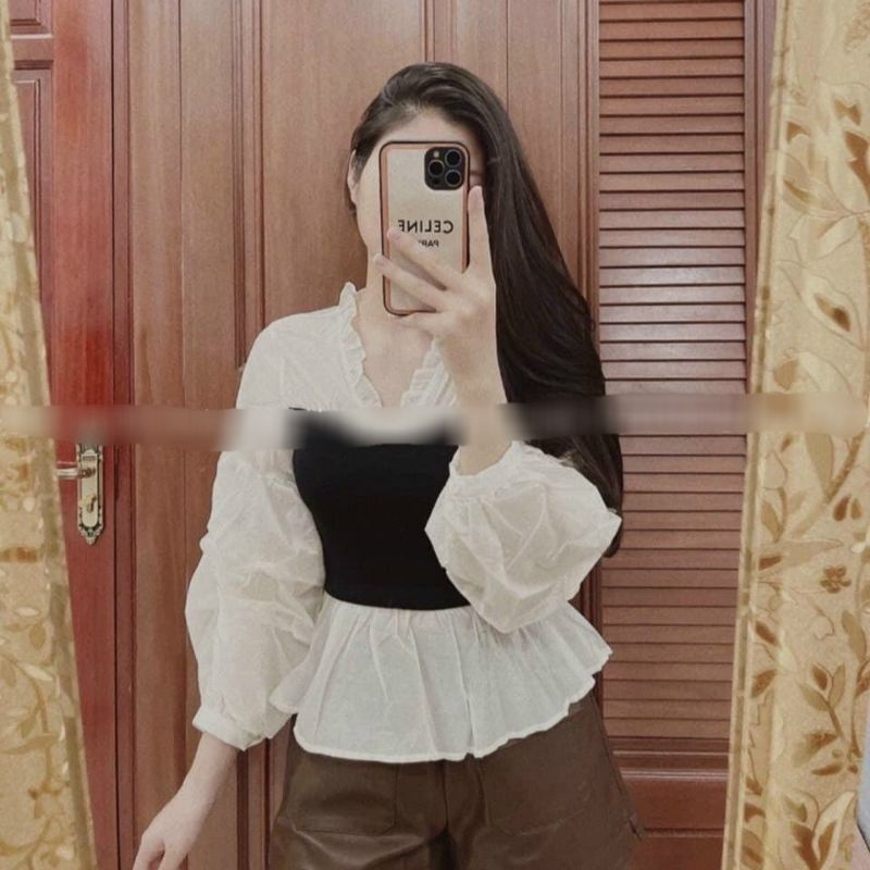 ÁO BÈO VOAN TRẮNG CỔ V TAY PHỒNG PHỐI ĐEN XINH XẮN 🧸🧸🧸