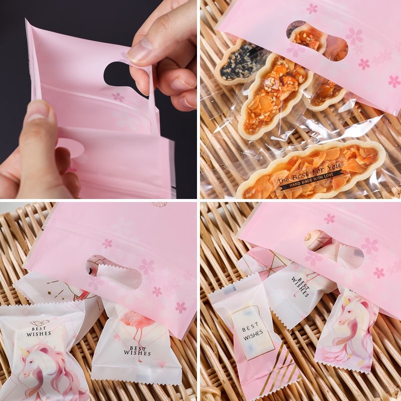 Set 50 Túi Đựng Bánh Kẹo Bằng Nhựa Có Khóa Kéo In Hình Chim Hồng Hạc/ Mèo/ Ngựa Một Sừng Dễ Thương