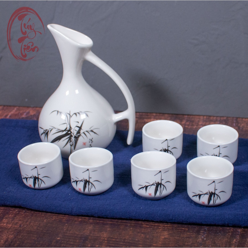 Bộ bình rót rượu có quai + 6 ly uống Trung giả cổ có quai cầm bằng gốm sứ 270ML