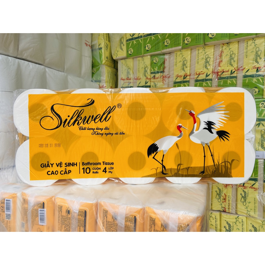Giấy vệ sinh Silkwell Sếu 10 cuộn 4 lớp có lõi hàng cao cấp siêu mềm mịn không tẩy trắng chính hãng