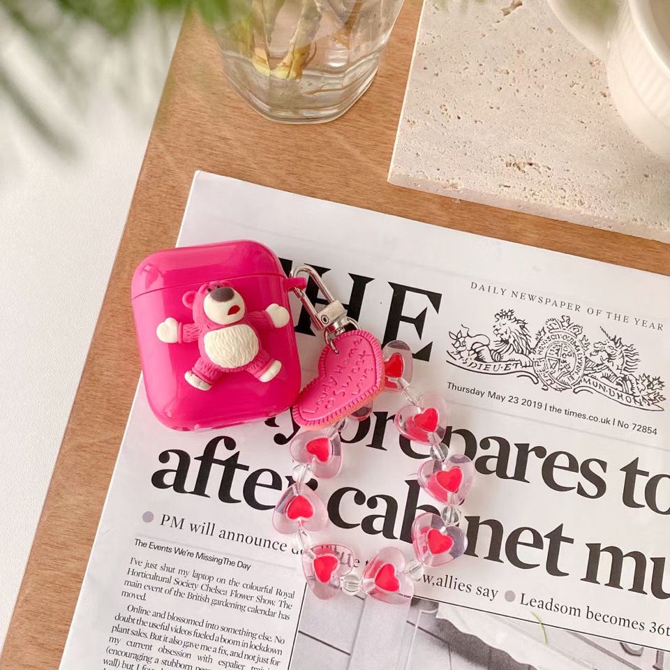 Vỏ bao đựng tại nghe airpod Pinks 1 Gấu Dâu Lotso bảo vệ bao đựng tai nghe không dây bluetooth 1/2/Pro/i12/i9/i7