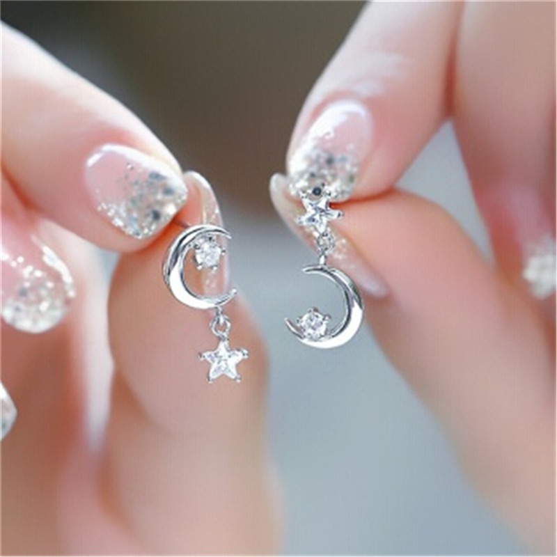 Bông Tai Mạ Bạc 925 Hình Trăng Sao Đính Đá Zircon Không Gây Dị Ứng Phong Cách Hàn Quốc