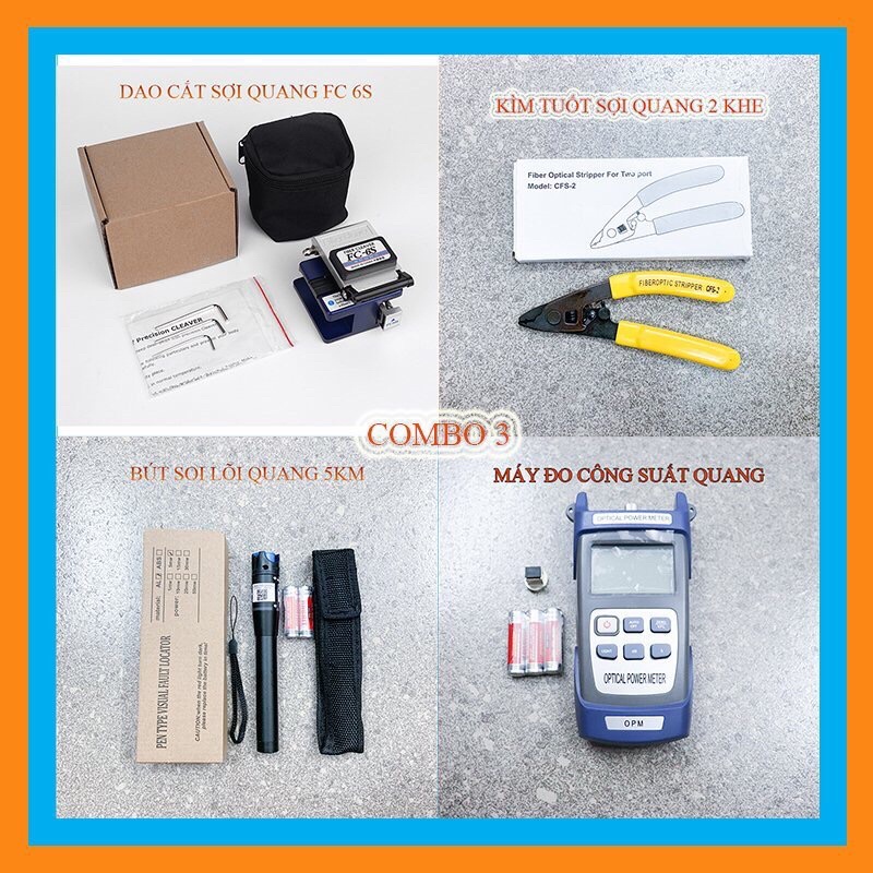 COMBO Dao cắt sợi quang + Kìm tuốt sợi quang + Bút soi lõi quang + Máy đo công suất quang