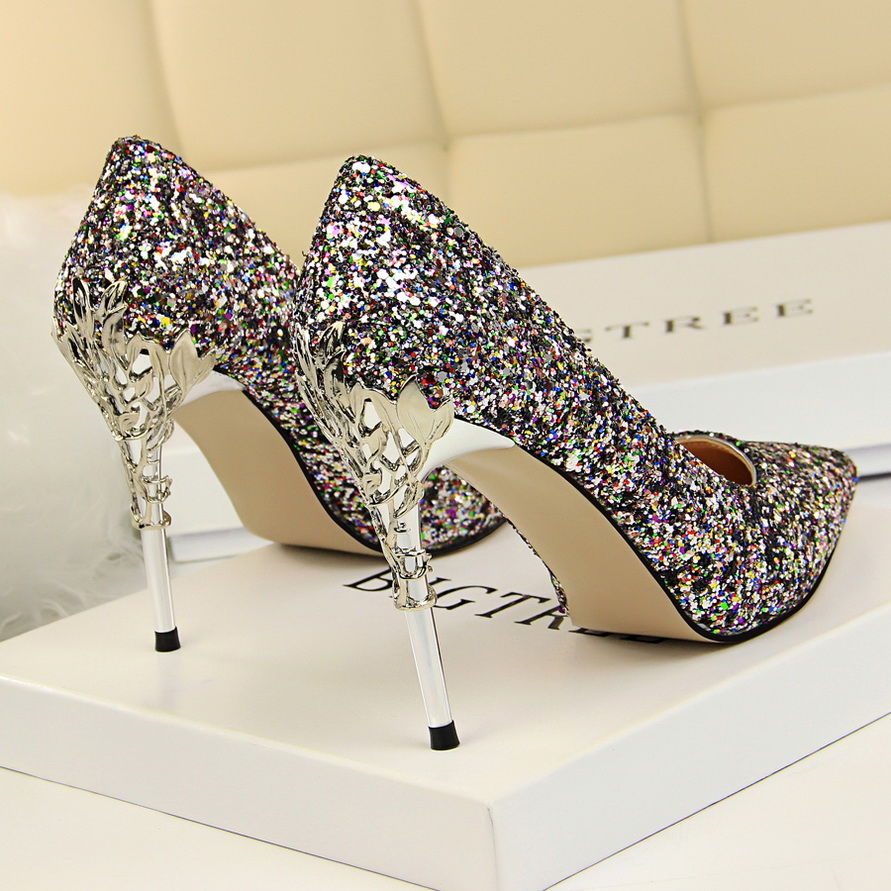 2021 New Crystal Sequined Bridal Wedding Shoes Silver High Heels Women's Stiletto Heel All-Match Pointed Dress Pumps