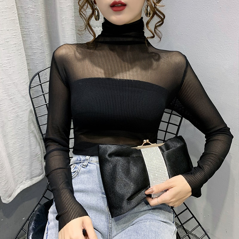 Áo sơ mi ren đáy cao cổ cao cổ áo mặc bên trong của phụ nữ mùa thu năm 2021 nước ngoài bó sát người nhìn xuyên thấu áo s