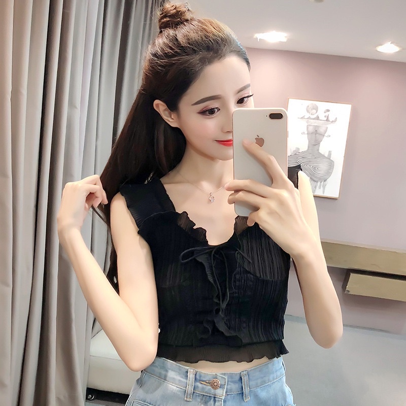 [HOT] Áo 2 Dây Crotop Bản To Viền Bèo Dáng Ôm, Có dây chéo ở giữa sexy, sang chảnh, dáng ulzzang (Ảnh + video thật)