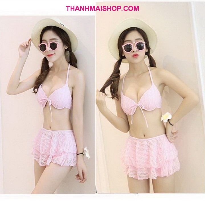 Đồ bơi bikini DB016 vải ren gồm áo ngực + quần short + váy ren gân xòe 2 tầng nữ tính