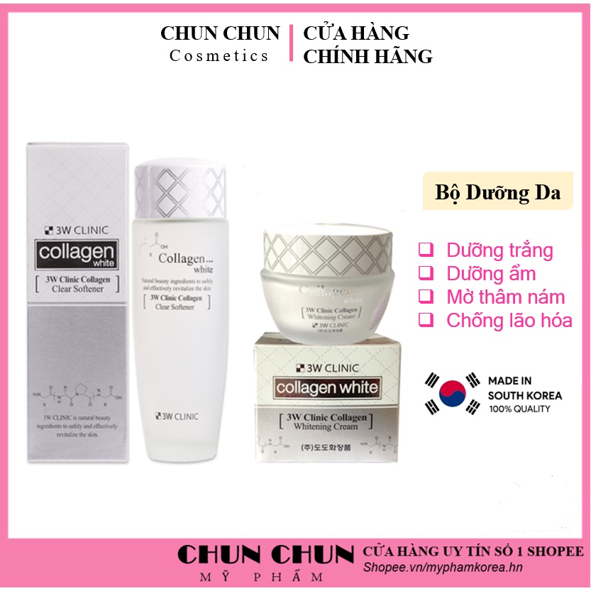 Set dưỡng trắng da dưỡng ẩm chiết xuất từ Collagen 3W Clinic Hàn Quốc giúp da mềm mại trắng sáng [Nước hoa hồng+ kem]