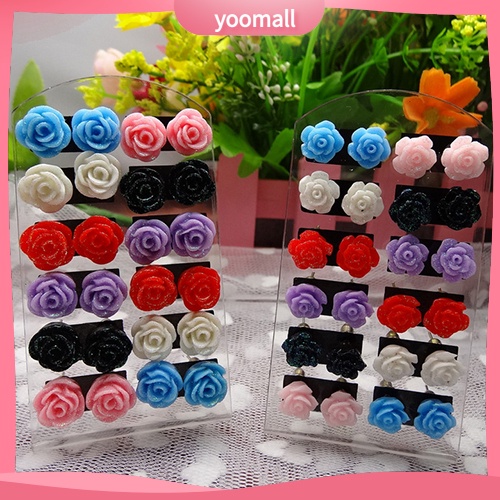 Set 12 Đôi Khuyên Tai Hình Hoa Hồng Nhiều Màu