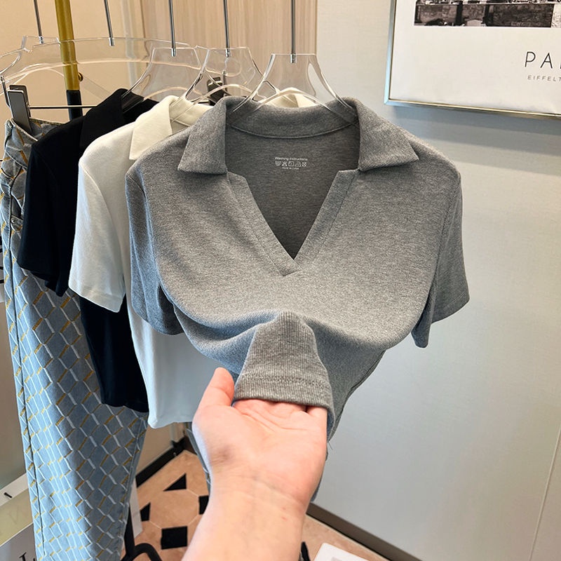 Áo Thun Tay Ngắn Cổ Chữ V Màu Sắc Trơn Thời Trang Dành Cho Nữ