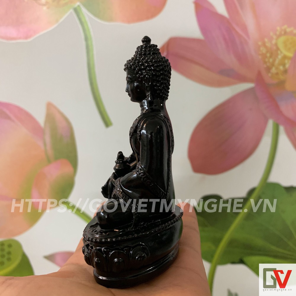 [Tượng Phật Dược Sư] Tượng đá Phật Dược Sư Lưu Ly Quang ngồi tòa sen - Cao 12cm - Màu đen