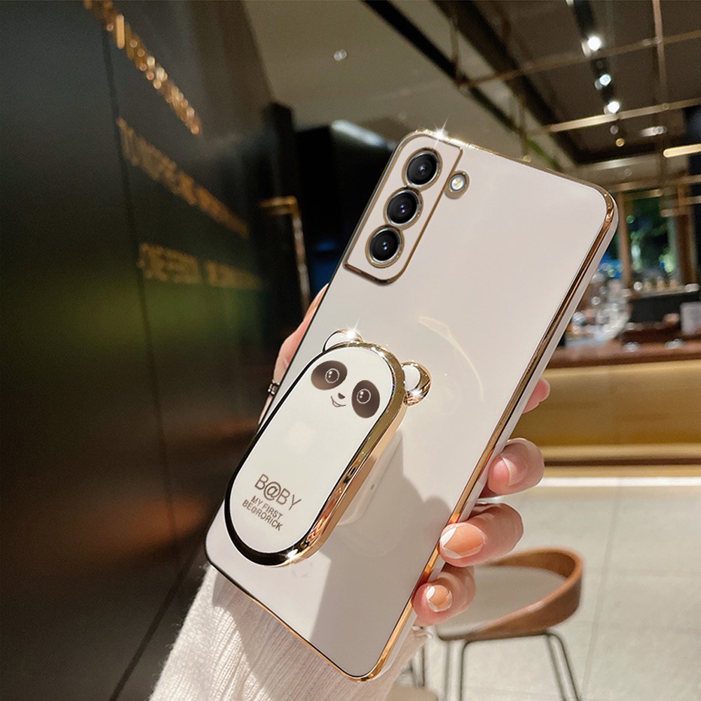 Ốp Điện Thoại Silicon Mềm Có Giá Đỡ Hình Vuông Mạ Màu Hoạt Hình Cho Samsung Galaxy S22 S21 Ultra S22 Plus S21 FE S21+