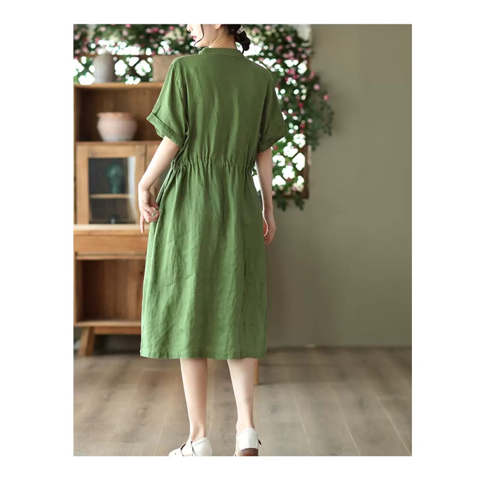 Đầm suông Linen hè nữ ngắn tay, cổ V phối cúc kèm dây thắt eo, chất liệu linen mềm mát Da171