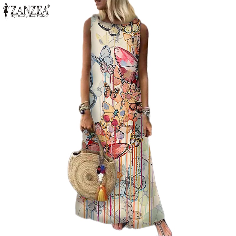 Đầm maxi Zanzea sát nách cổ tròn họa tiết bướm thời trang cho nữ