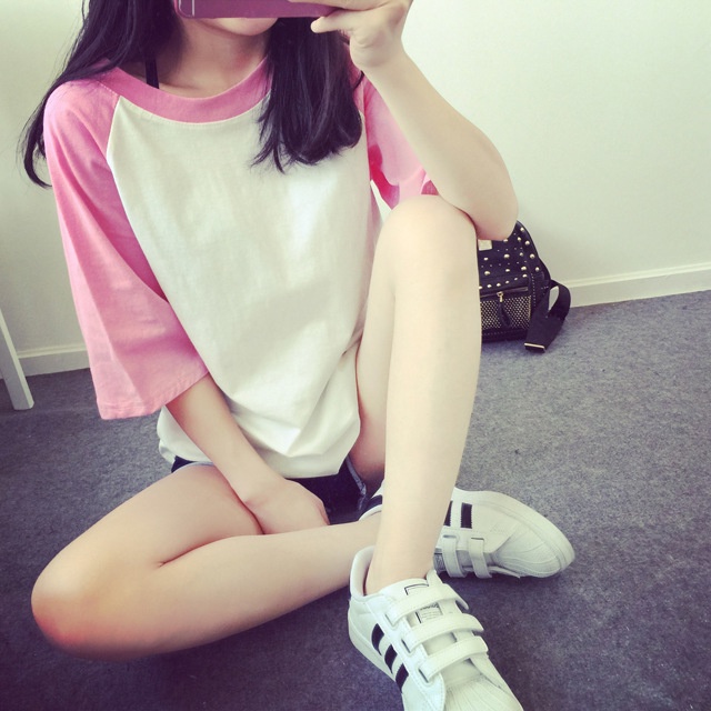 Áo Thun Nữ  Ngắn Tay Vải Cotton Mềm Co Giãn Phối Màu Tay Áo
